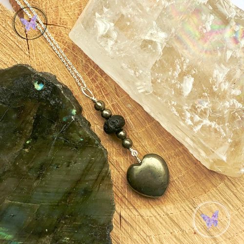 Pyrite Heart & Lava Stone Pendant Necklace